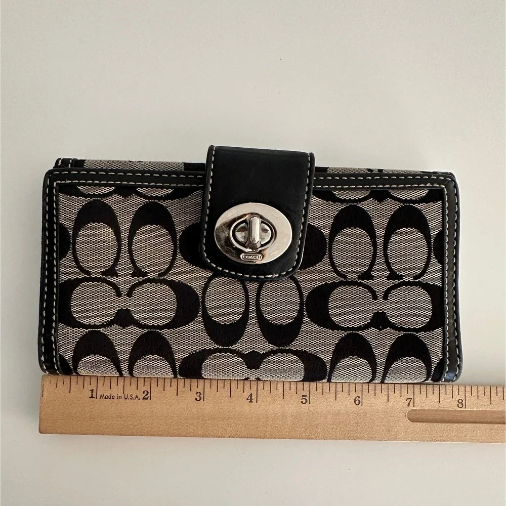 Coach Signature C Monogram Turnlock Trifold Long Wallet Black Canvas Leather Y2K